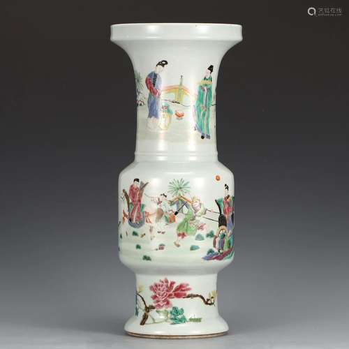 A Famille Rose Figural Story Beaker Vase Gu