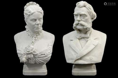 Paar negentiende eeuwse sculpturen in marmer : "Buste v...