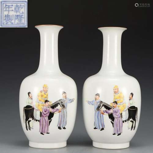 Pair Famille Rose Figural Story Vases