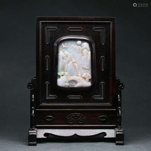 A Carved Jadeite Inlaid Rosewood Tablescreen