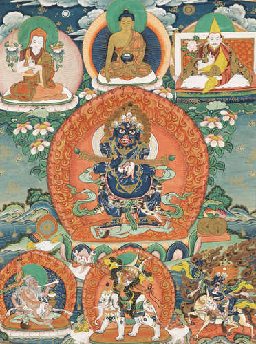 A THANGKA DEPICTING MAHAKALA PANJARANATHA AND THE 13TH DALAI...