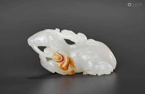A WHITE AND RUSSET JADE ‘DEER AND LINGZHI’ GROUP, 18TH CENTU...