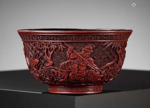 A RARE RED LACQUER ‘MONGOL HUNT’ BOWL, ATTRIBUTED TO ZHOU ZH...
