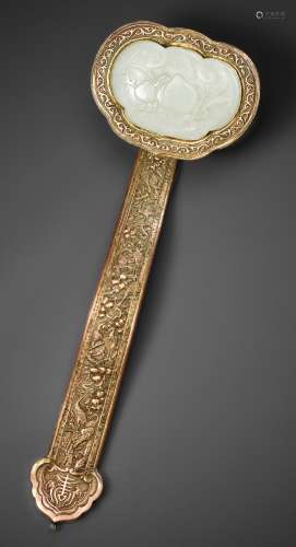 A LARGE WHITE JADE AND GILT-COPPER RUYI SCEPTER, QING DYNAST...