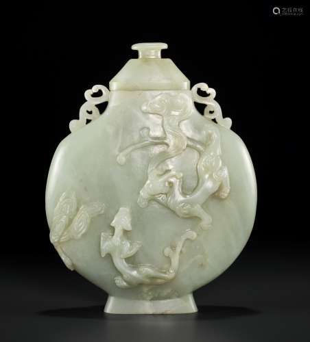 A CELADON JADE ‘CHILONG’ MOONFLASK AND COVER, BIANHU, 18TH C...