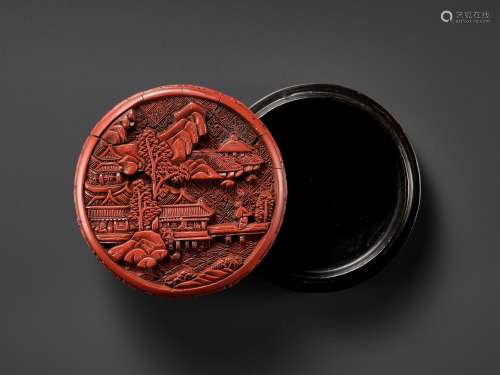 A RED LACQUER ‘LANDSCAPE’ BOX AND COVER, YUAN TO MING DYNAST...