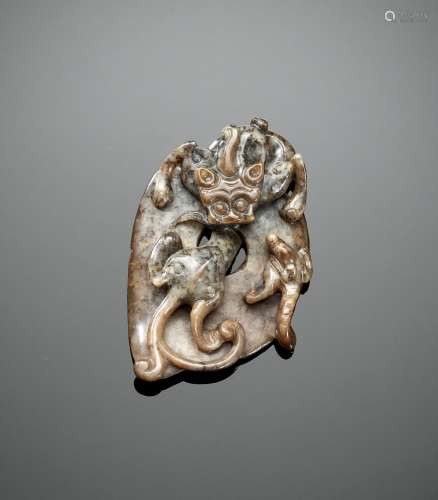 A GRAY JADE ARCHAISTIC ‘CHILONG’ PENDANT, YUAN TO MING DYNAS...