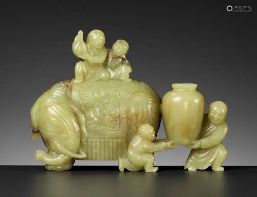 A YELLOW AND RUSSET JADE ‘ELEPHANT AND BOYS’ GROUP, 18TH CEN...