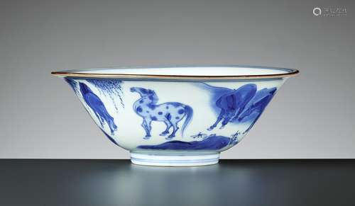 A BLUE AND WHITE ‘EIGHT HORSES OF MU WANG’ BOWL, KANGXI PERI...