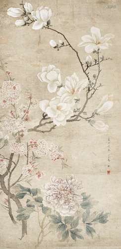 ‘MAGNOLIA, PEONY AND PRUNUS’, BY ZOU YIGUI (1686-1722)