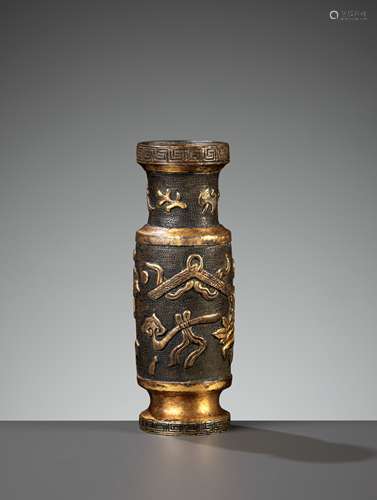 A HU WENMING PARCEL-GILT BRONZE INCENSE-TOOL VASE, MING DYNA...