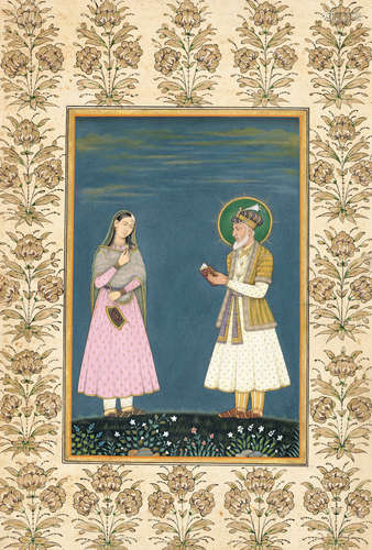 A RARE INDIAN MINIATURE PAINTING OF SHAH JAHAN AND MUMTAZ MA...