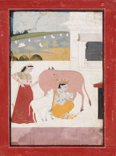 AN INDIAN MINIATURE PAINTING OF KRISHNA MILKING A COW