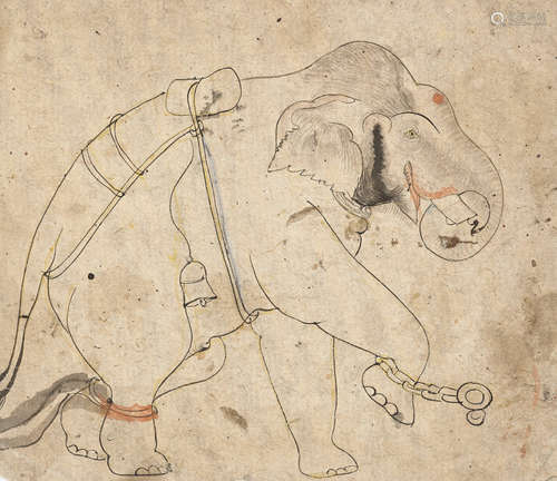 A RARE DRAWING OF AN ELEPHANT ESCAPING CAPTIVITY, KOTA SCHOO...