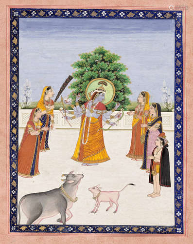 AN INDIAN MINIATURE PAINTING OF KRISHNA WITH THE GOPIS