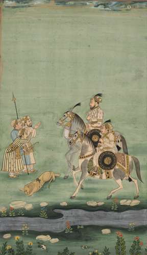 AN INDIAN MINIATURE PAINTING DEPICTING A LION HUNT