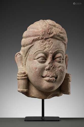 A PINK SANDSTONE LIFESIZE HEAD OF LAKSHMI, MATHURA