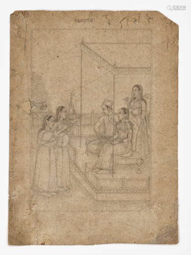 AN INDIAN MINIATURE DRAWING OF A PRINCE AND PRINCESS ENJOYIN...