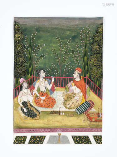 AN INDIAN MINIATURE PAINTING OF NOBLE LADIES DRINKING WINE I...