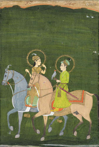 AN INDIAN MINIATURE PAINTING OF BAZ BAHADUR AND RUPMATI HUNT...