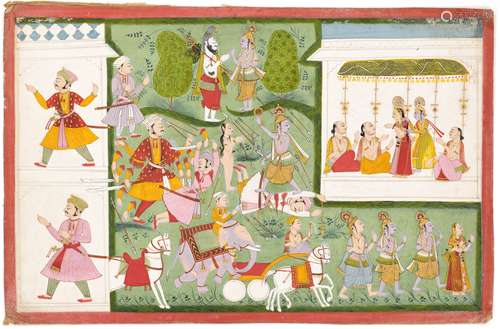 AN INDIAN MINIATURE PAINTING OF AN EPIC BATTLE SCENE, PROBAB...