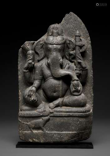 A BLACK STONE STELE OF GANESHA, PALA PERIOD