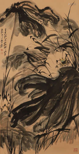 Modern Zhang Daqian paper lotus vertical axis