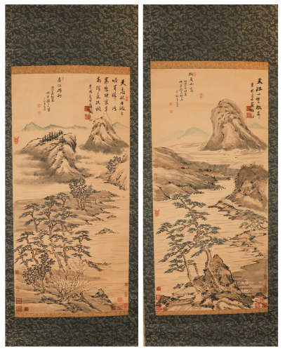 A pair of paper landscape vertical axes in Su Dongpo of Ming...