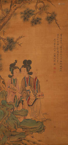 Qing Dynasty gaiqi silk landscape figure vertical axis