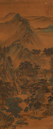 Wenbiren silk landscape vertical axis in Qing Dynasty