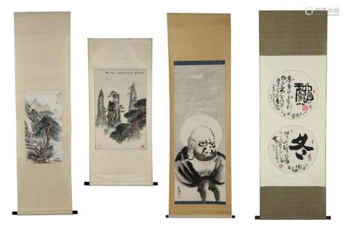 Lot van vier Chinese scrolls, twee met landschapsschildering...