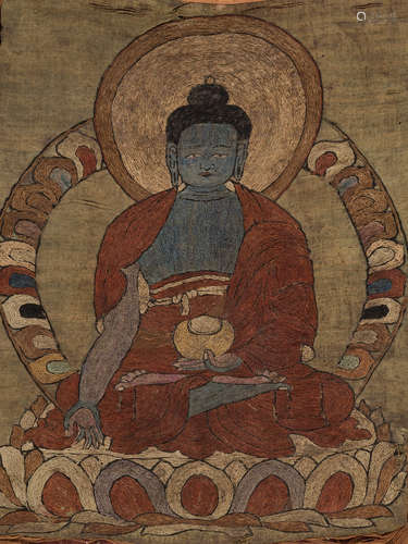 A RARE EMBROIDERED THANGKA OF BHAISHAJYAGURU, QING DYNASTY