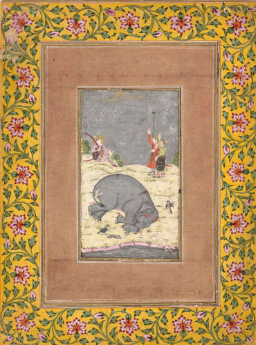 AN INDIAN MINIATURE PAINTING DEPICTING AN ELEPHANT HUNT