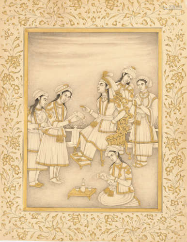 A MUGHAL STYLE PAINTING OF A PRINCESS WITH ATTENDANTS
