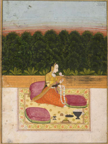 A MUGHAL MINIATURE PAINTING OF A PRINCESS ON A TERRACE