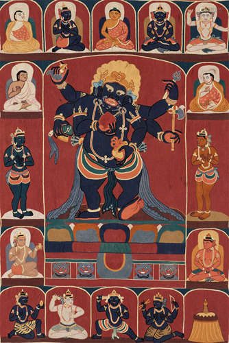 AN EMBROIDERED SILK THANGKA DEPICTING MAHAKALA, QING DYNASTY