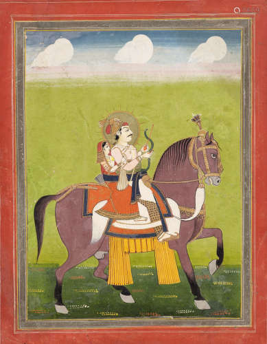 AN INDIAN MINIATURE PAINTING OF A RULER HUNTING ON HORSEBACK