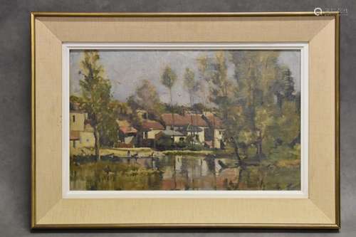 A LEMAIRE (XXe siècle), Rivière sur village, huile sur toile...