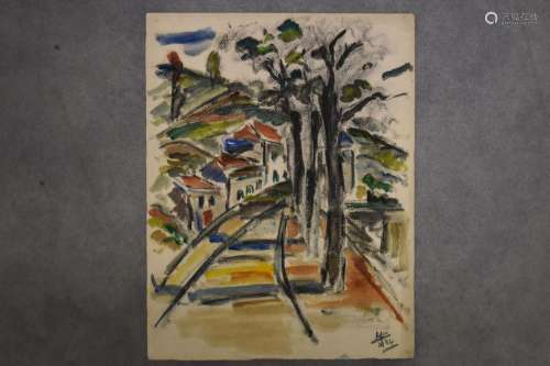 Raymond GAY BELLILE (XX), Route de village, aquarelle et fus...