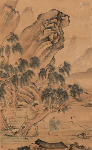 Qing Dynasty Jin Ting Biao paper landscape figure vertical a...
