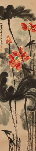 Modern Zhang Daqian paper red lotus vertical axis