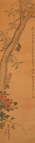 Wang Rong silk flower and bird vertical shaft in Qing Dynast...