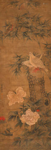Zhang Xiong silk flower and bird vertical shaft in Qing Dyna...