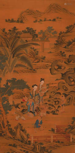 Qiu Ying's silk landscape figure vertical axis in Qing Dynas...