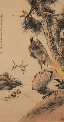 Ren Bonian's paper flower and bird vertical axis in the Qing...