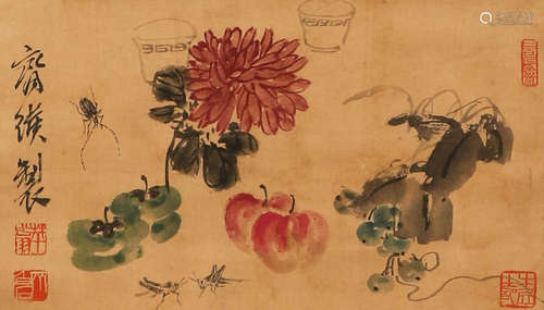 Modern Qi Baishi silk flower vertical shaft