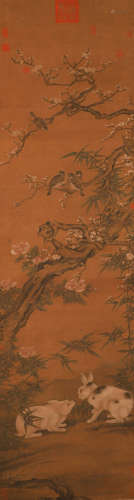 LV Ji silk flower and bird vertical axis in Ming Dynasty
