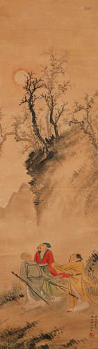 Qing Dynasty yuzhiding paper landscape figure vertical axis