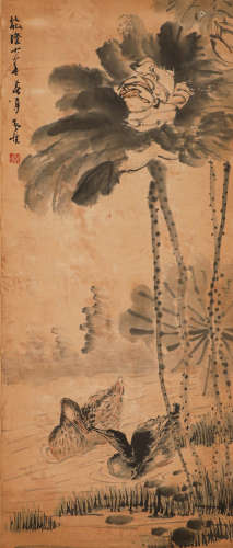 Huang Shen's paper lotus vertical axis in Qing Dynasty