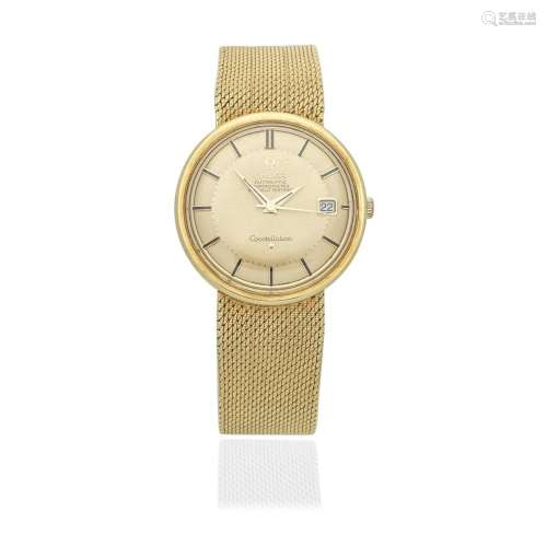 Omega. An 18K gold automatic calendar bracelet watch with pi...